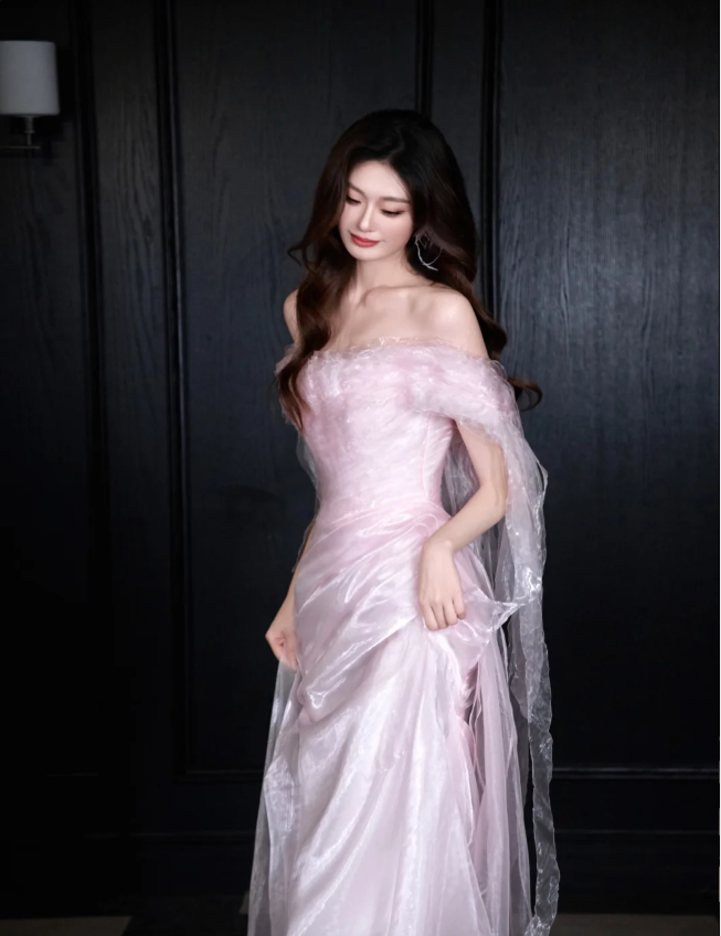 Sweet Light Pink Mermaid Off-shoulder Organza Prom Dress Evening Dress P4101