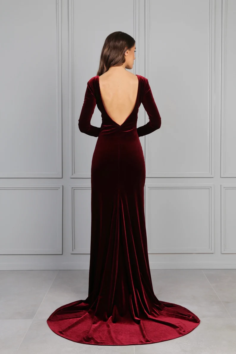 omberprom Dark Burgundy Bridesmaid Velvet Dress Mermaid Maxi Open Back Train Dress