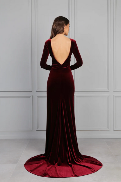 omberprom Dark Burgundy Bridesmaid Velvet Dress Mermaid Maxi Open Back Train Dress