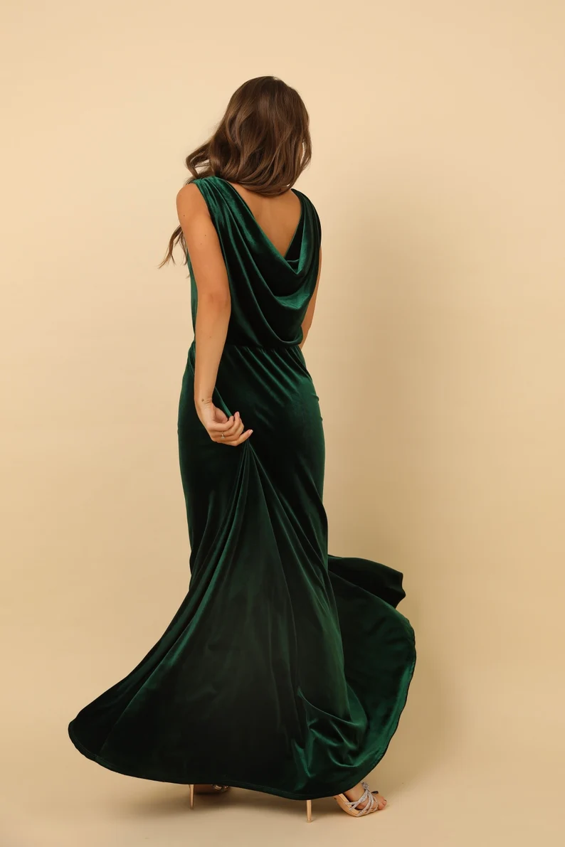 omberprom Elegant Velvet Dress Ruched Long Sleeve Formal Dress for Wedding Guest