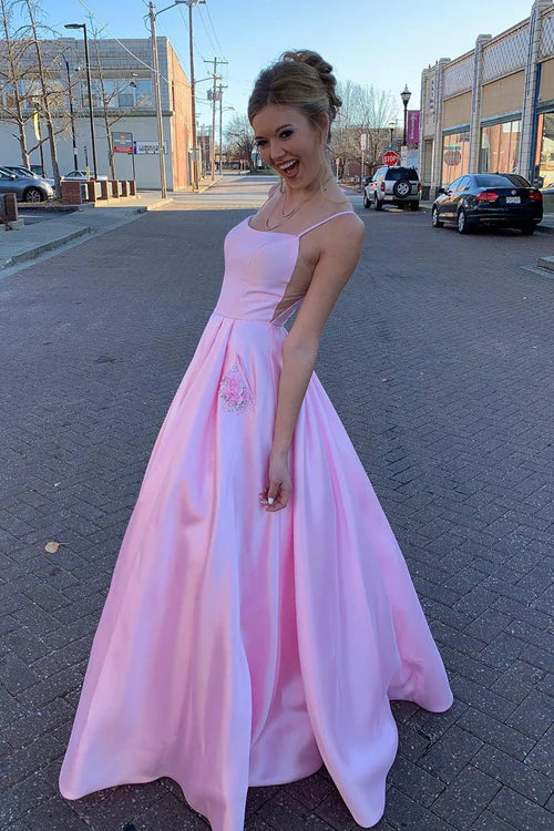 omberprom Elegant Straps A-Line Pink Long Prom Dress with Beaded Pockets