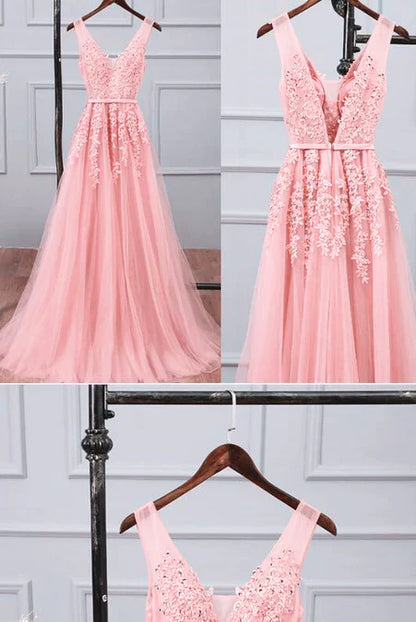 omberprom Tulle A-line Simple Long Party Dress Prom Dress Evening Dress V-neck with Appliques Wholesale