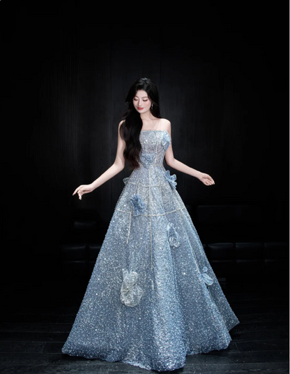 Elegant Blue A-line Strapless 3D Floral Sequined Tulle Long Prom Dress Evening Dress P4102