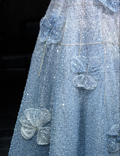 Elegant Blue A-line Strapless 3D Floral Sequined Tulle Long Prom Dress Evening Dress P4102