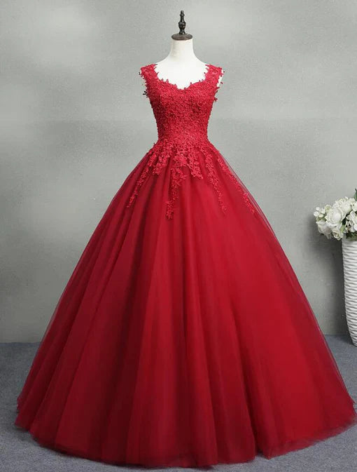 omberprom Gorgeous Red Ball Gown Sweet 16 Gown Tulle with Lace Applique Party Dress Prom Dress Wholesale