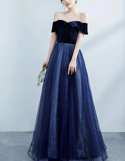omberprom A Line Off Shoulder Velvet Sweetheart Party Dress Shiny Tulle Long Prom Dress Party Dress Sparkly Evening Dress Wholesale