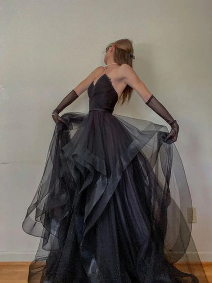 Lovely Black Tulle Strapless Sweetheart A-line Prom Dress, Black Tulle Long Party Dress