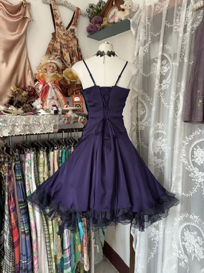 Cute Purple Knee Length Straps Short Party Dress, Purple Homecoming Dress