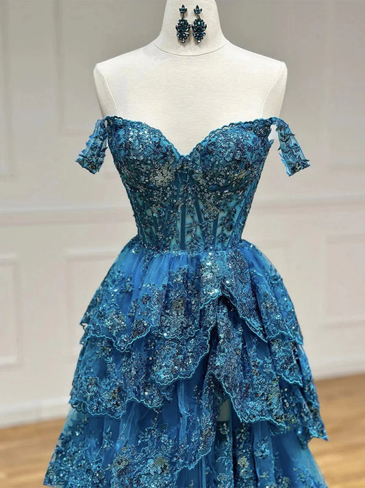 Blue Tulle Beaded with Lace Sweetheart Long Party Dress, Off Shoulder Blue Prom Dress