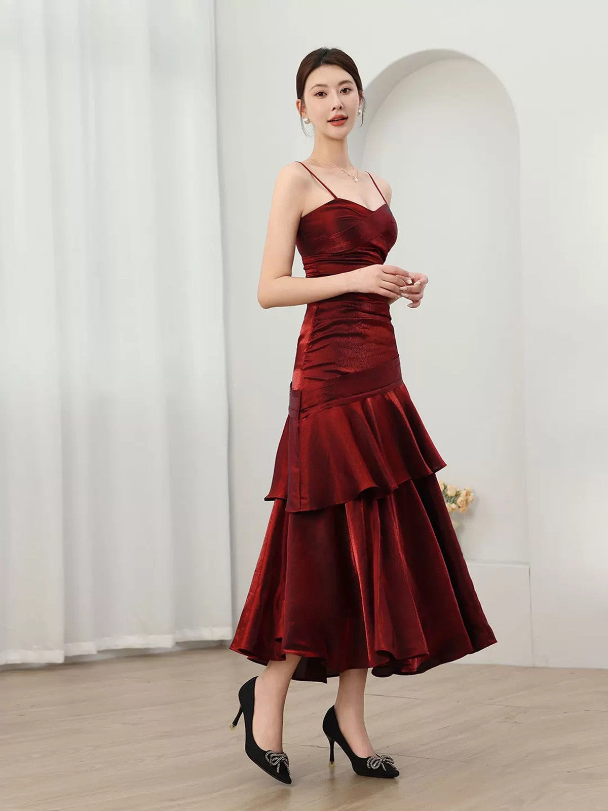 Mermaid Straps Wine Red Long Evening Dress Formal Dress, Wine Red Satin Prom Dress