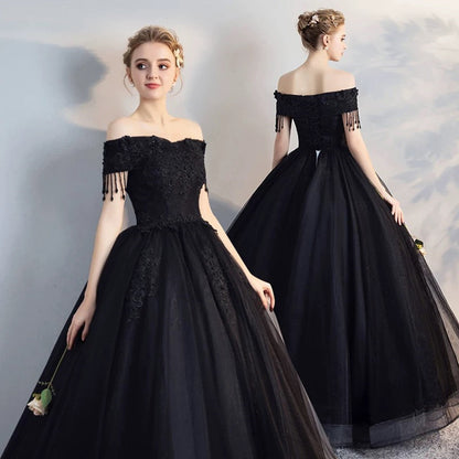 Black Off Shoulder Tulle with Lace Applique Long Party Dress, Black Tulle Prom Dress