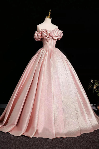 Pink Satin Off Shoulder Long Formal Dress, Pink Beaded A-line Prom Dress Evening Dress