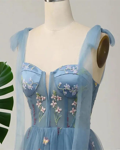 Blue Floral Embroidery Tulle Prom Dress,  A-Line Fairy Gown Blue Party Dress