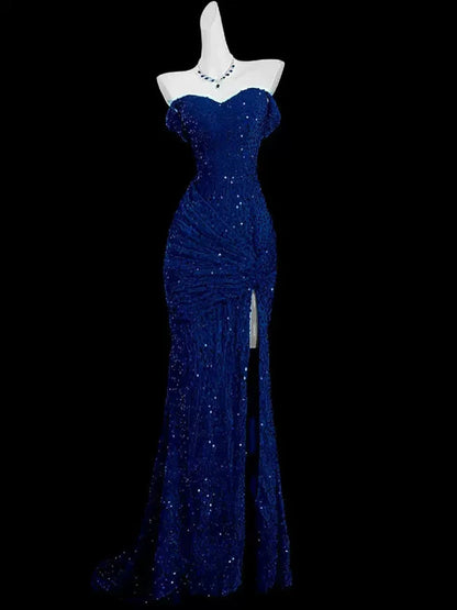 Blue Mermaid Sequins Sweetheart Prom Dress, Blue Off Shoulder Party Dress