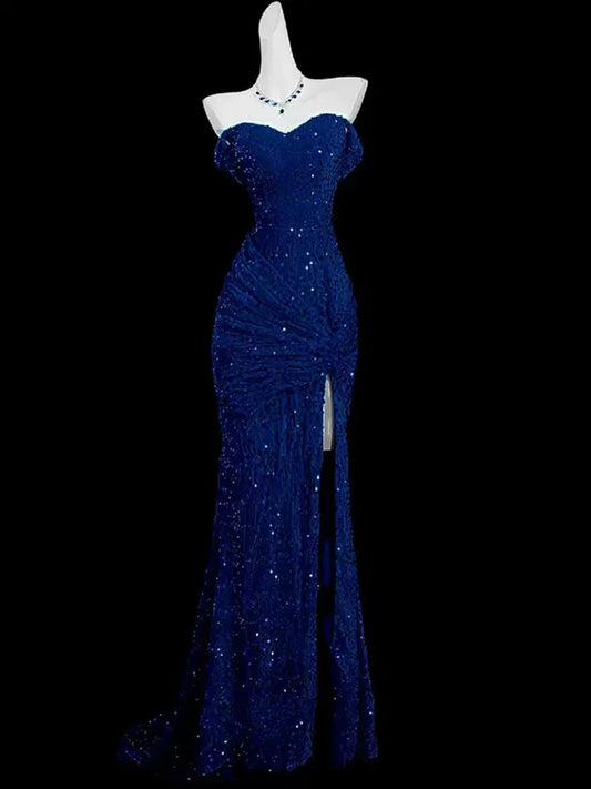 Blue Mermaid Sequins Sweetheart Prom Dress, Blue Off Shoulder Party Dress