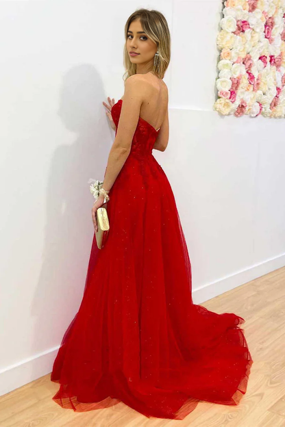 omberprom Elegant Red Evening Dress Strapless A-Line Long Prom Dress with Appliques