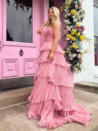 omberprom Elegant Pink Strapless A-Line Evening Dress Tiered Crinkled Tulle Prom Dress