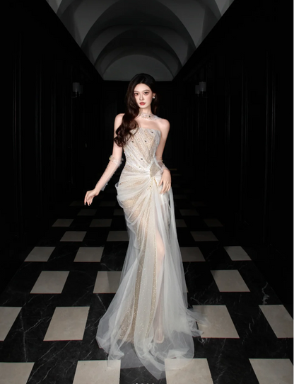 Dreamy Mermaid Strapless High-Slit Rhinestone Tulle Long Prom Dress Evening Dress P4103
