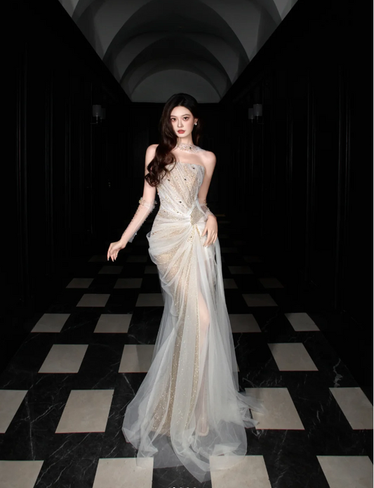 Dreamy Mermaid Strapless High-Slit Rhinestone Tulle Long Prom Dress Evening Dress P4103