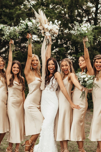 Spaghetti Straps Satin Tea Length Champagne Bridesmaid Dress