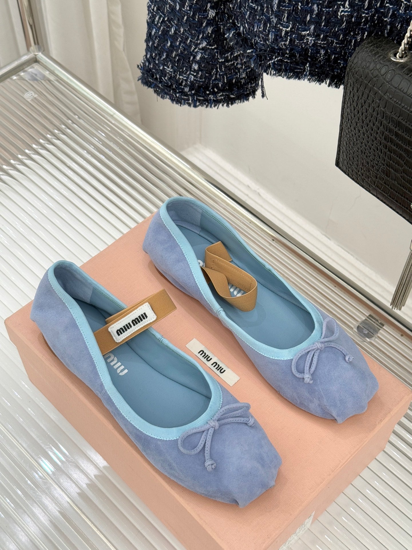 Miu Classic Bow Letter Ballet Flat French Sky Blue Suede