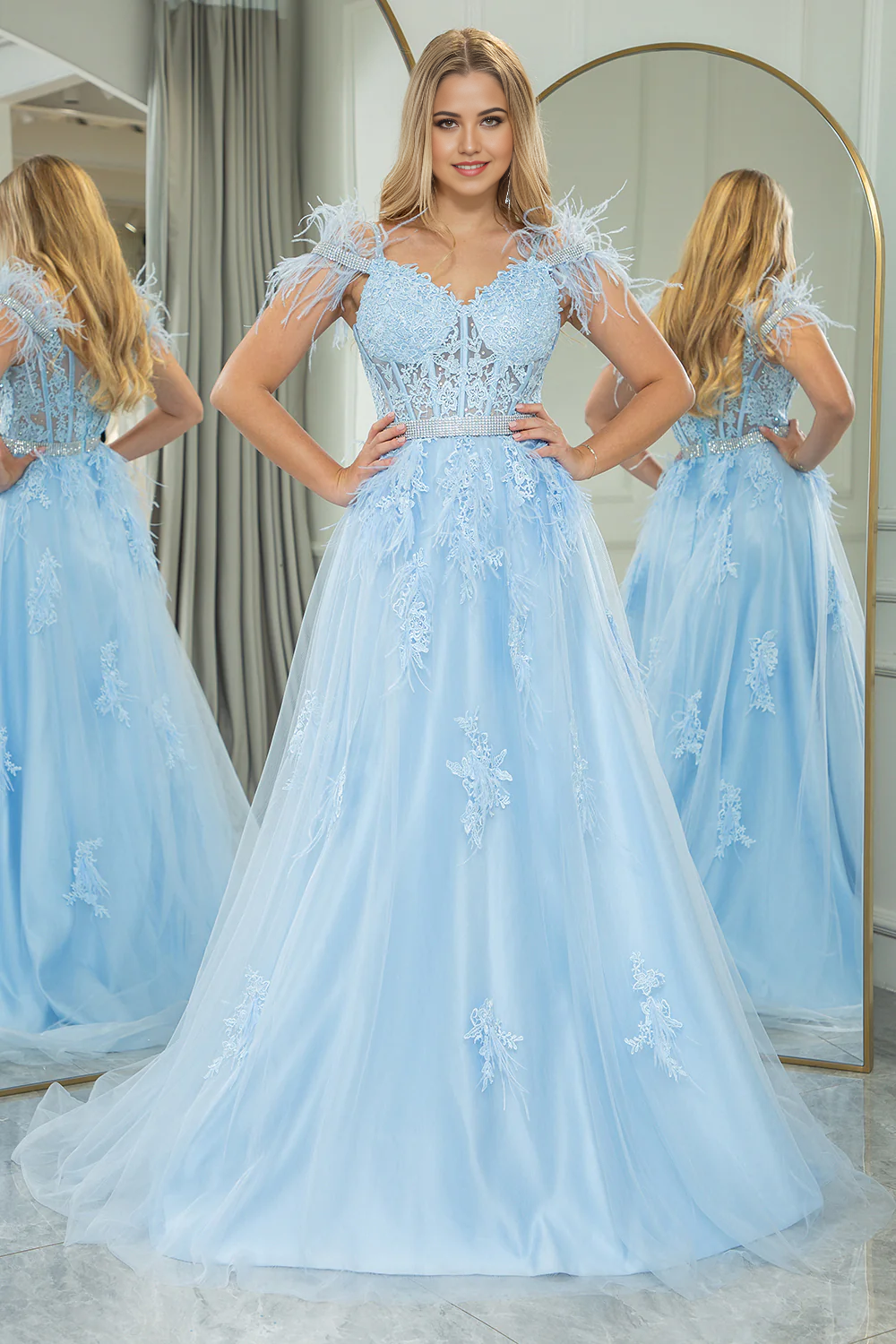 omberprom Fashion A Line Corset Appliqued Long Prom Dress Light Blue With Feathers