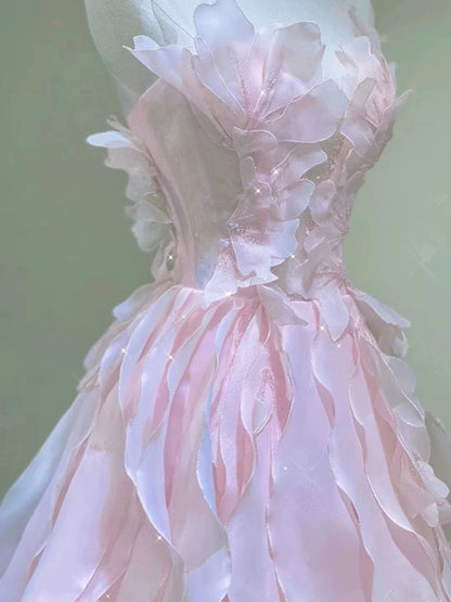 Pink A-line Layers Organza Long Prom Dress Party Dress, Pink Round Evening Dress