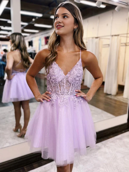 omberprom Elegant A-Line Graduation Dresses Backless Tulle Appliqued Homecoming Dress