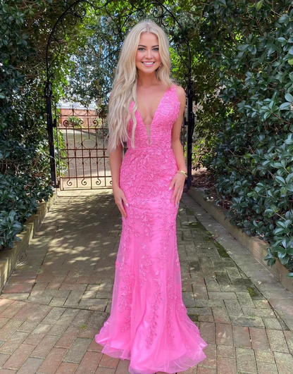 omberprom Fashion Hot Pink Evening Dress Mermaid Plunge V Neck Lace Prom Dress