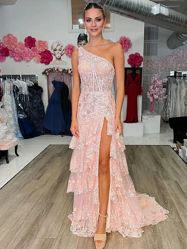 omberprom Sheath Evening Dress One Shoulder Tiered Lace Long Prom Dress