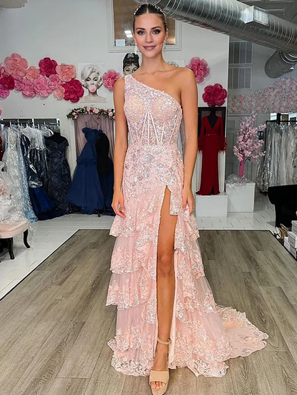 omberprom Sheath Evening Dress One Shoulder Tiered Lace Long Prom Dress