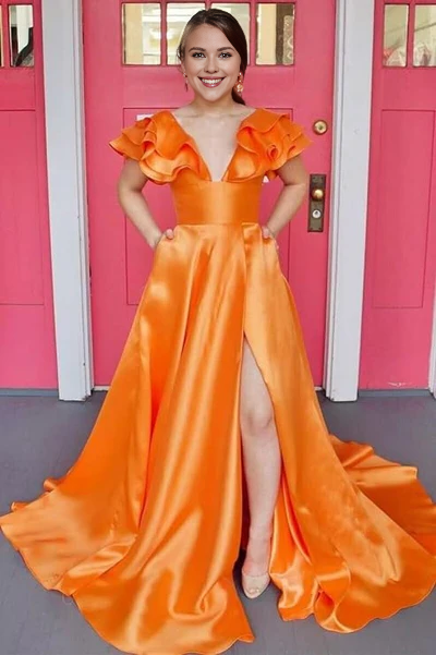 omberprom Evening Dress Hot Pink V-Neck Ruffle A-Line Long Prom Dress