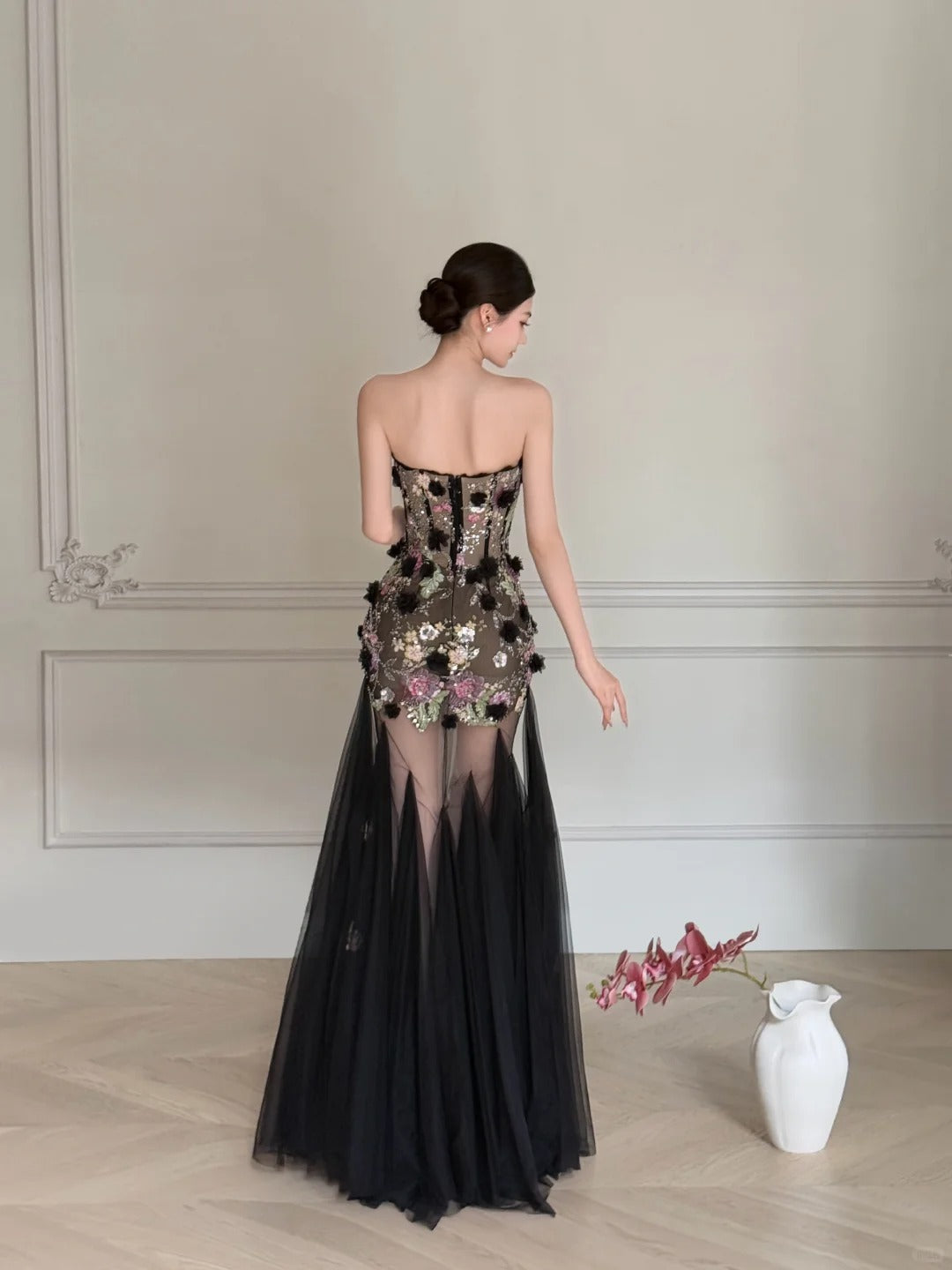 Luxurious Black A-line 3D Floral Sequin Strapless Tulle Long Prom Dress Evening Dress P4105