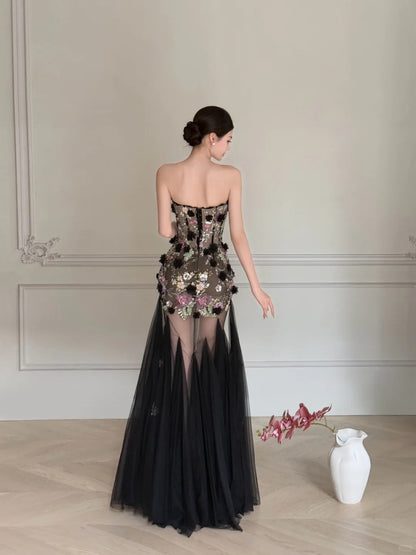 Luxurious Black A-line 3D Floral Sequin Strapless Tulle Long Prom Dress Evening Dress P4105
