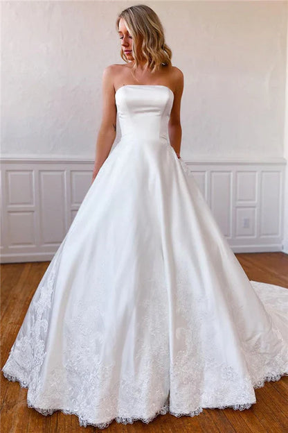 omberprom Elegant Lace Appliques Long Strapless Wedding Dress with Pockets