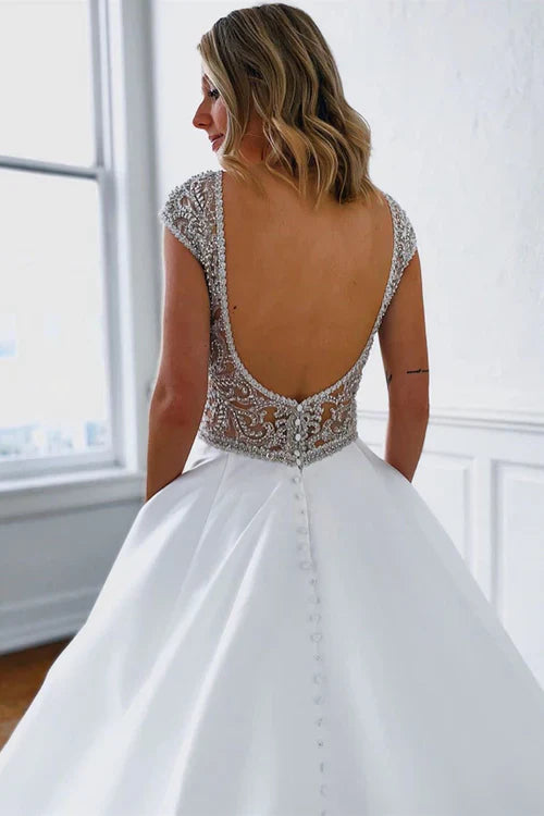 omberprom Elegant A-Line V-Neck Long Wedding Dress with Silver Beads