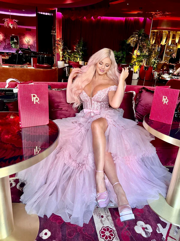 omberprom Princess A Line Long Prom Dress Off the Shoulder Light Pink with Ruffles