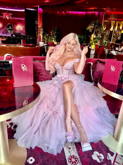 omberprom Princess A Line Long Prom Dress Off the Shoulder Light Pink with Ruffles
