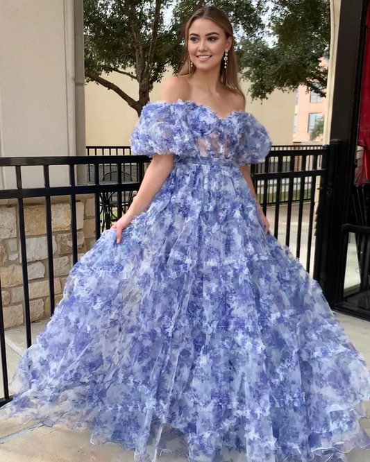omberprom Off the Shoulder Evening Dress Blue Floral Print Ruffled Tulle Prom Dress