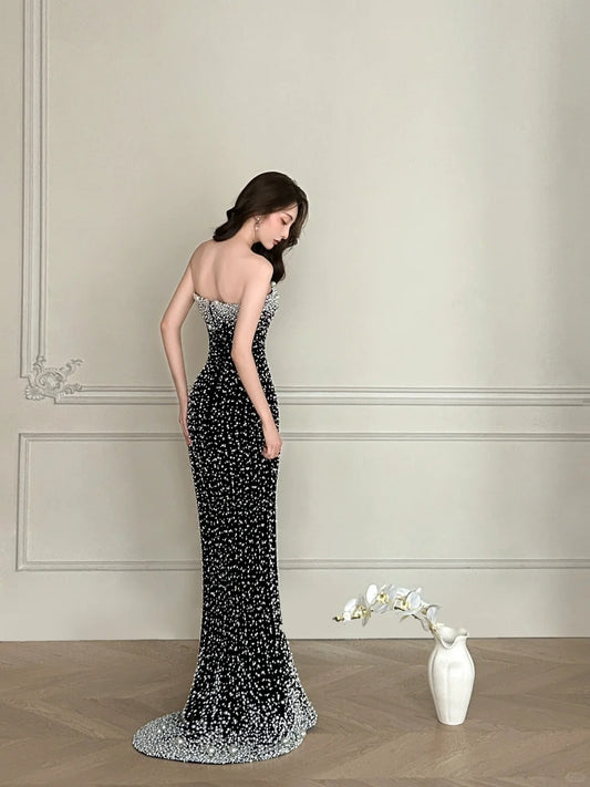 Vintage Black Mermaid Strapless Pearl Velvet Long Prom Dress Evening Dress P4106