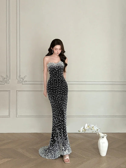 Vintage Black Mermaid Strapless Pearl Velvet Long Prom Dress Evening Dress P4106