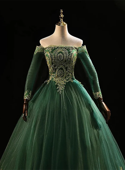 Off the Shoulder Dark Green Formal Dress, Dark Green Tulle Party Dress Evening Dress