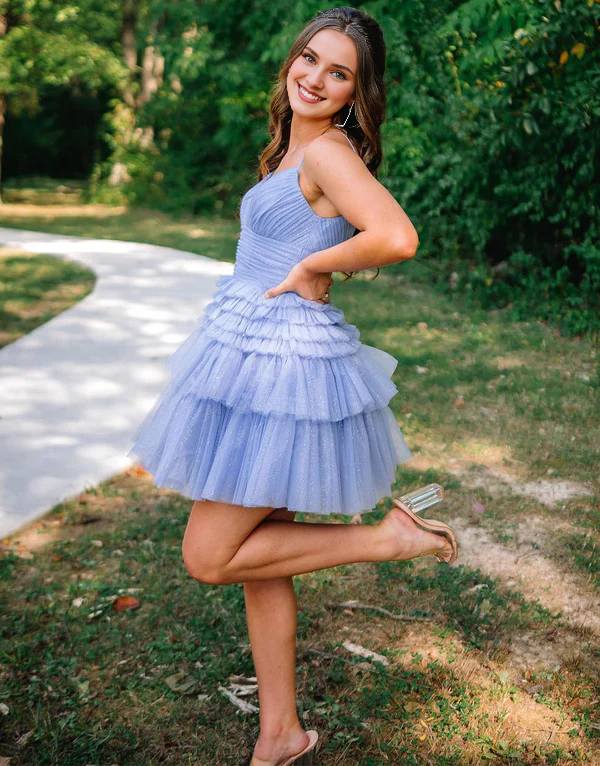 omberprom Elegant Graduation Dresses A-Line Deep V Neck Tiered Homecoming Dress