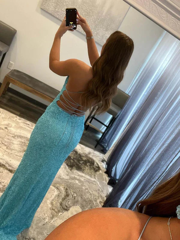 omberprom Elegant Mermaid Evening Dress V Neck Sequins Prom Dress with Slit