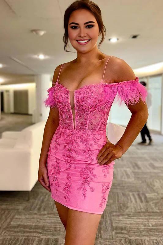 omberprom Fashion Evening Dress Sheath Off the Shoulder Pink Lace Homecoming Dress
