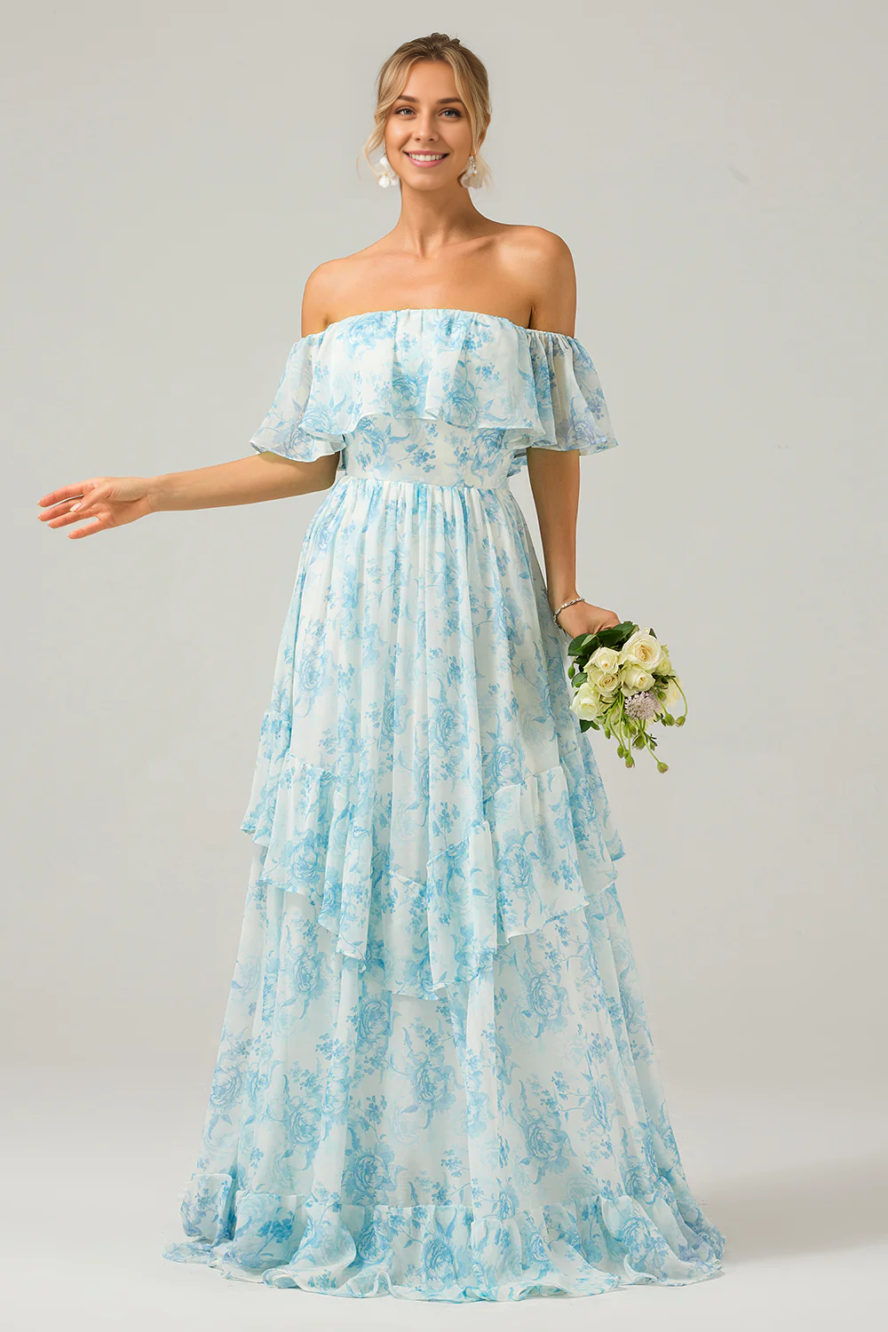 omberprom Floral Print A Line Prom Dresses Off The Shoulder Tiered Maxi Dress Blue