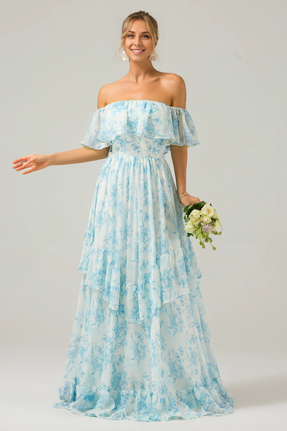 omberprom Floral Print A Line Prom Dresses Off The Shoulder Tiered Maxi Dress Blue