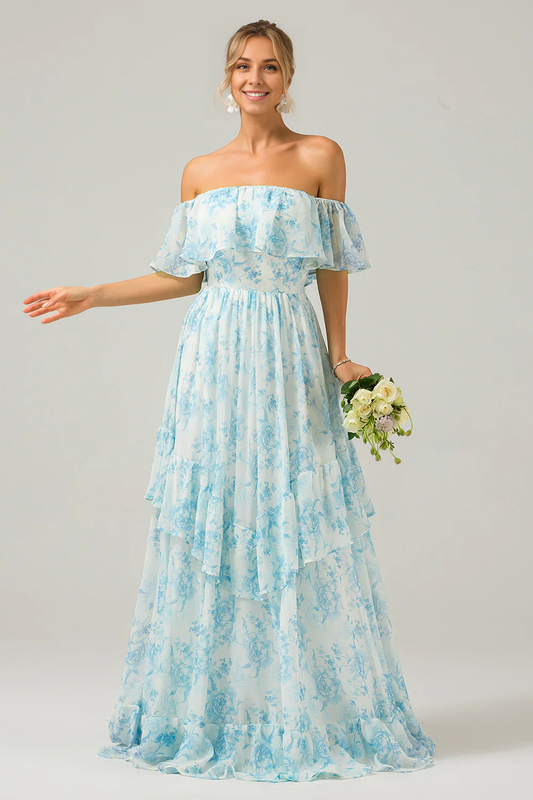 omberprom Floral Print A Line Prom Dresses Off The Shoulder Tiered Maxi Dress Blue