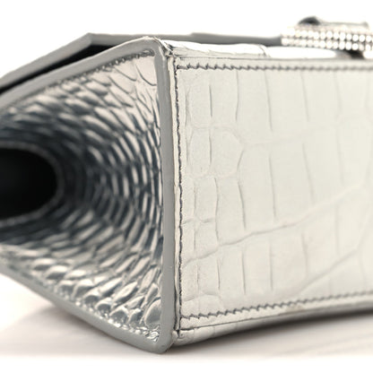 Metallic Calfskin Crocodile Embossed Crystal Hourglass Top Handle Bag XS Silver