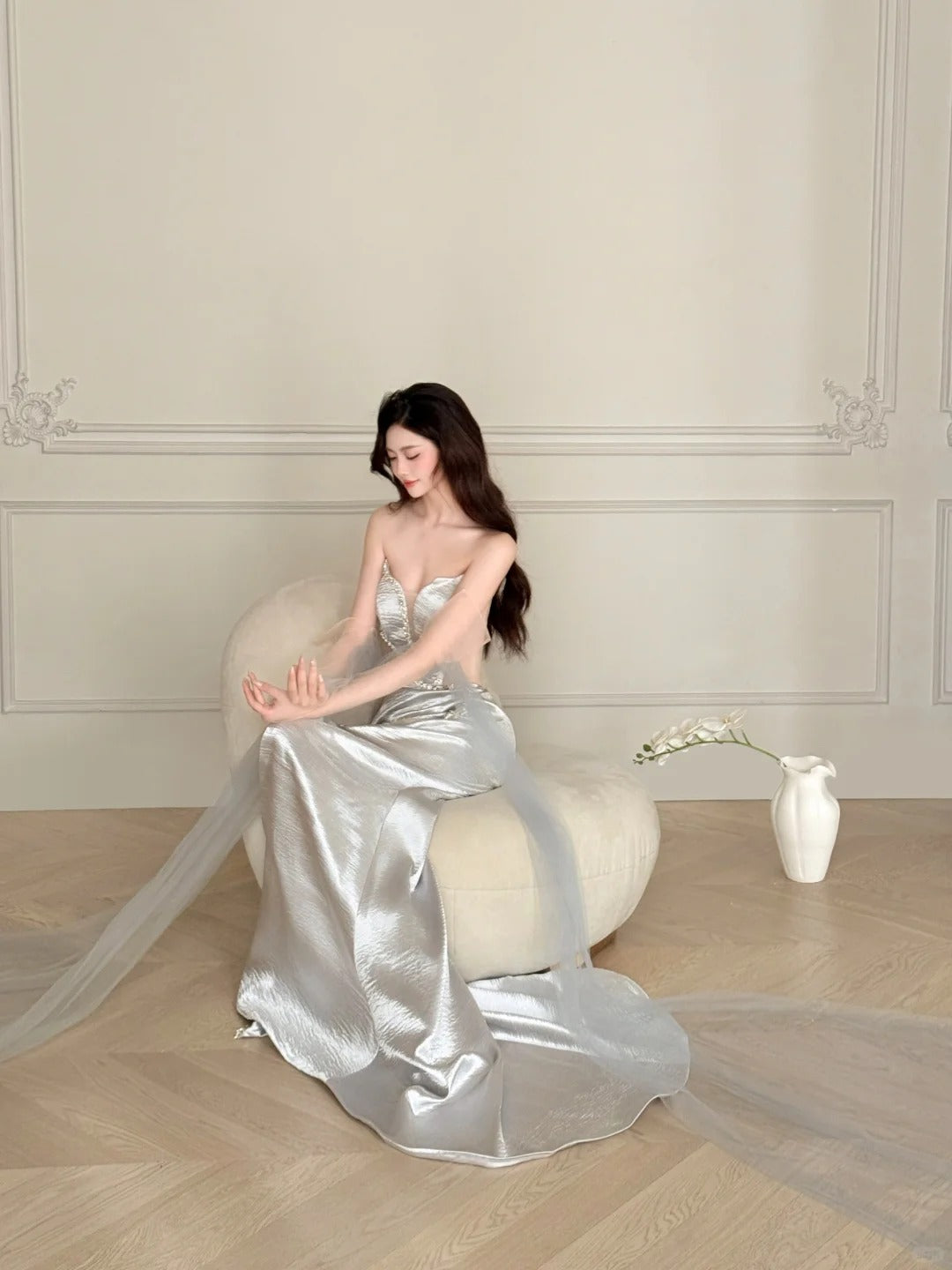 Elegant Silver-Grey Mermaid Strapless Satin Long Prom Dress Evening Dress P4107